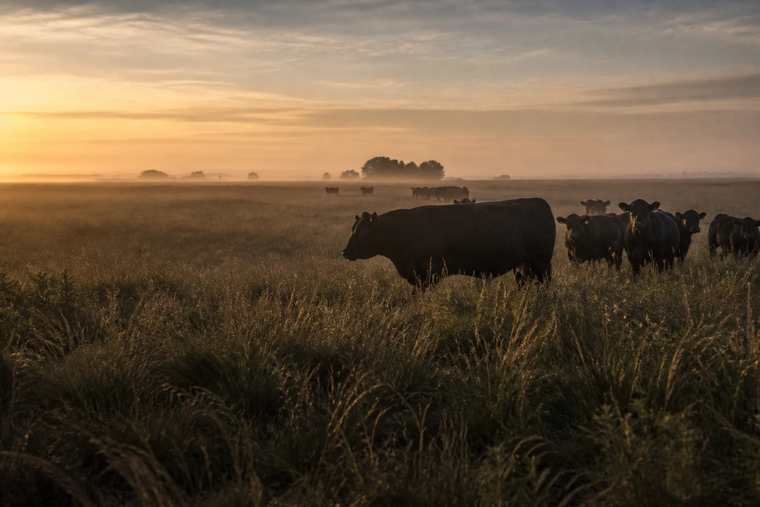 Argentine cattle grazing on open Pampas grassland at dawn