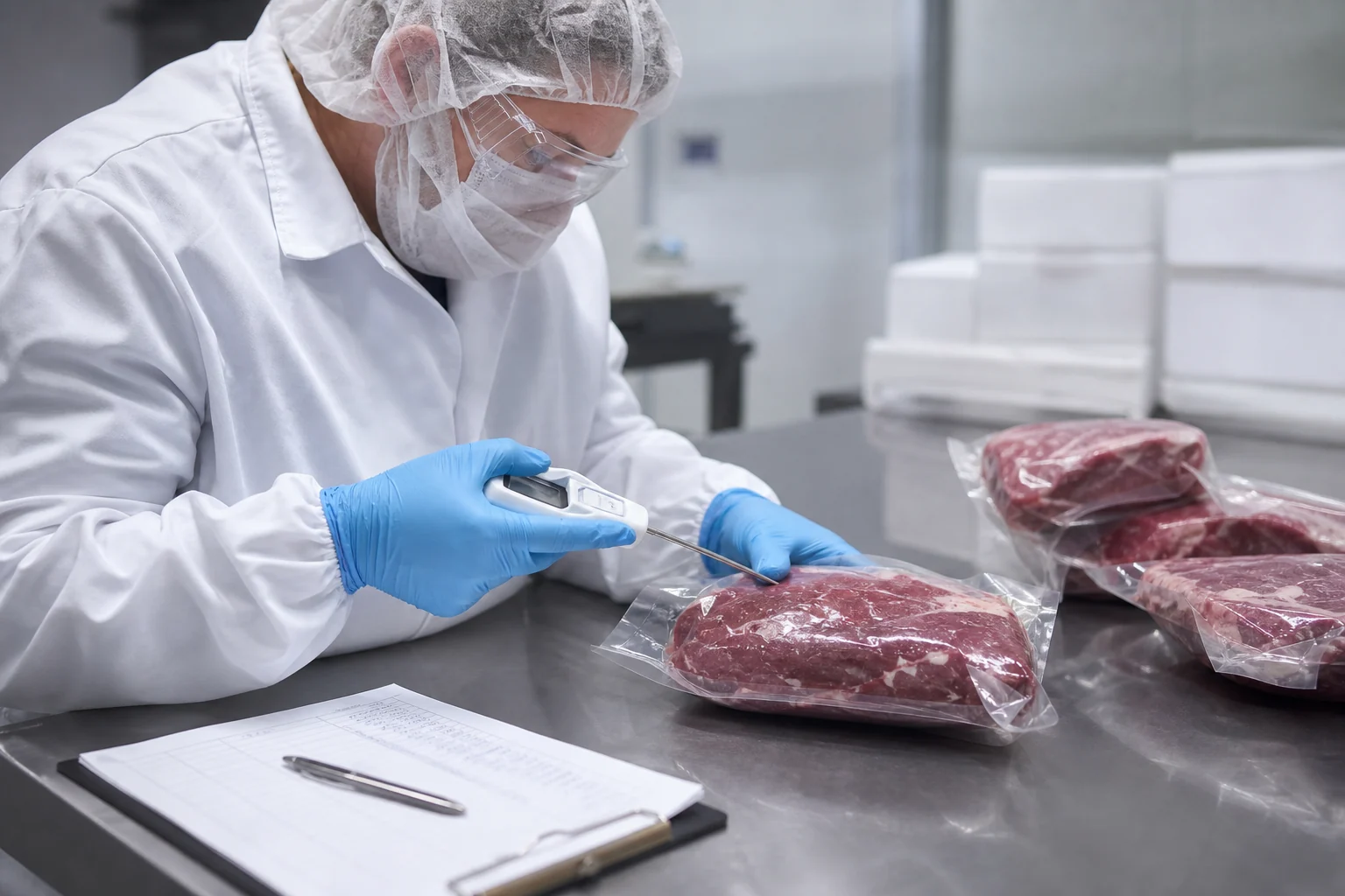 Food-safety professional checking the temperature of vacuum-packed beef